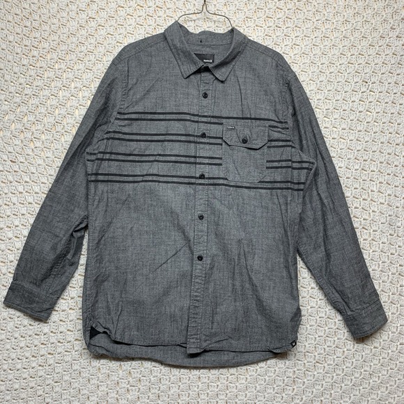Hurley Button Up Shirt Men Sz L Gray Black Striped Long Sleeve 100%Cotton - Picture 1 of 11